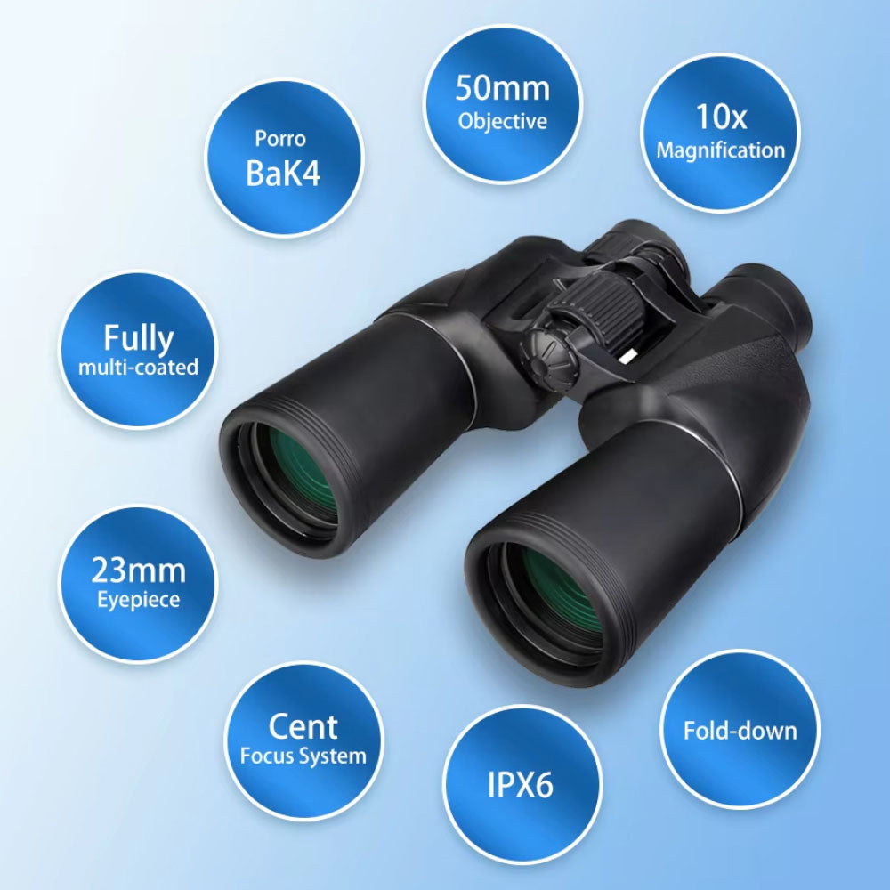 SafiSkop Night Vision Binoculars with technical specifications in blue circles on a light blue background