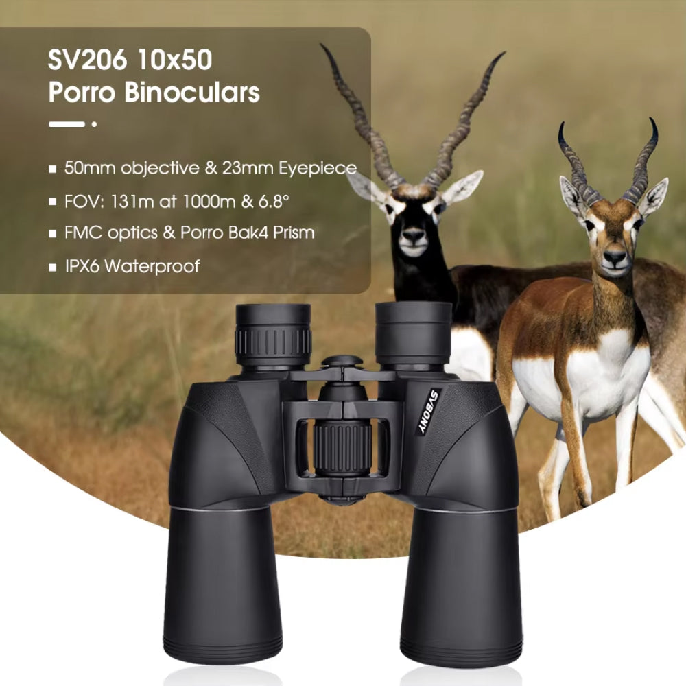 SV206 10x50 SafiSkop Night Vision Binoculars with details on a background of deer.