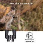SafiSkop Night Vision Binoculars  with a lynx in the background and measurement details on a blurred natural setting