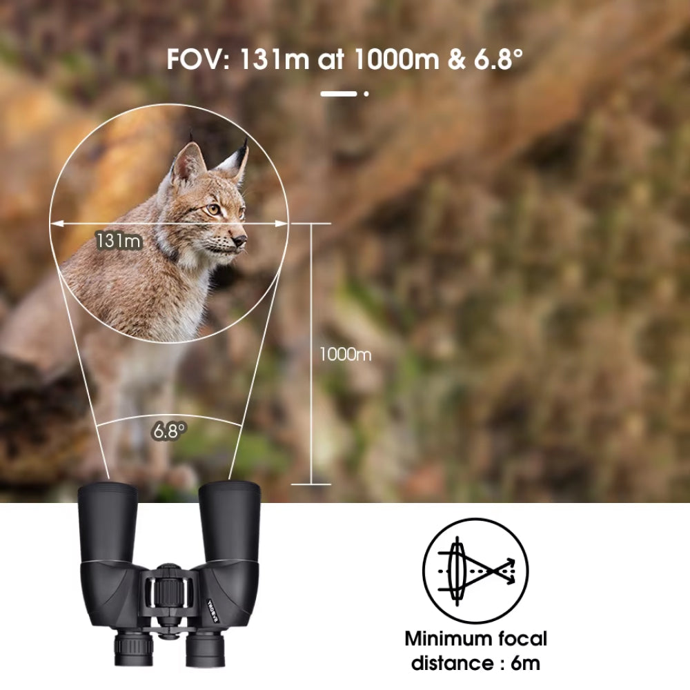 SafiSkop Night Vision Binoculars  with a lynx in the background and measurement details on a blurred natural setting
