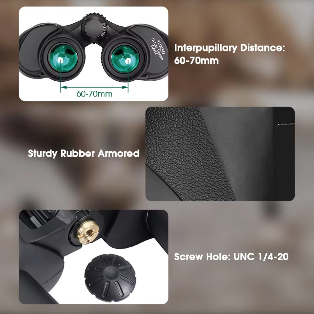 SafiSkop Night Vision Binoculars with interpupillary distance measurement, sturdiness details, and screw hole information.