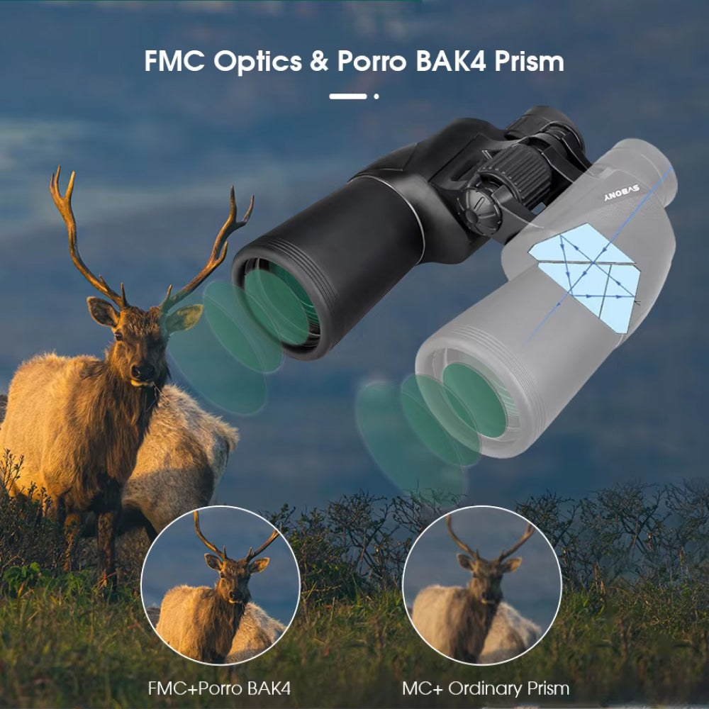 SafiSkop Night Vision Binoculars with FMC Optics & Porro BAK4 Prism technology, showing an elk in the background.