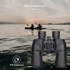 SafiSkop Night Vision Binoculars with IPX6 waterproof rating displayed over a scene of people in kayaks on water.