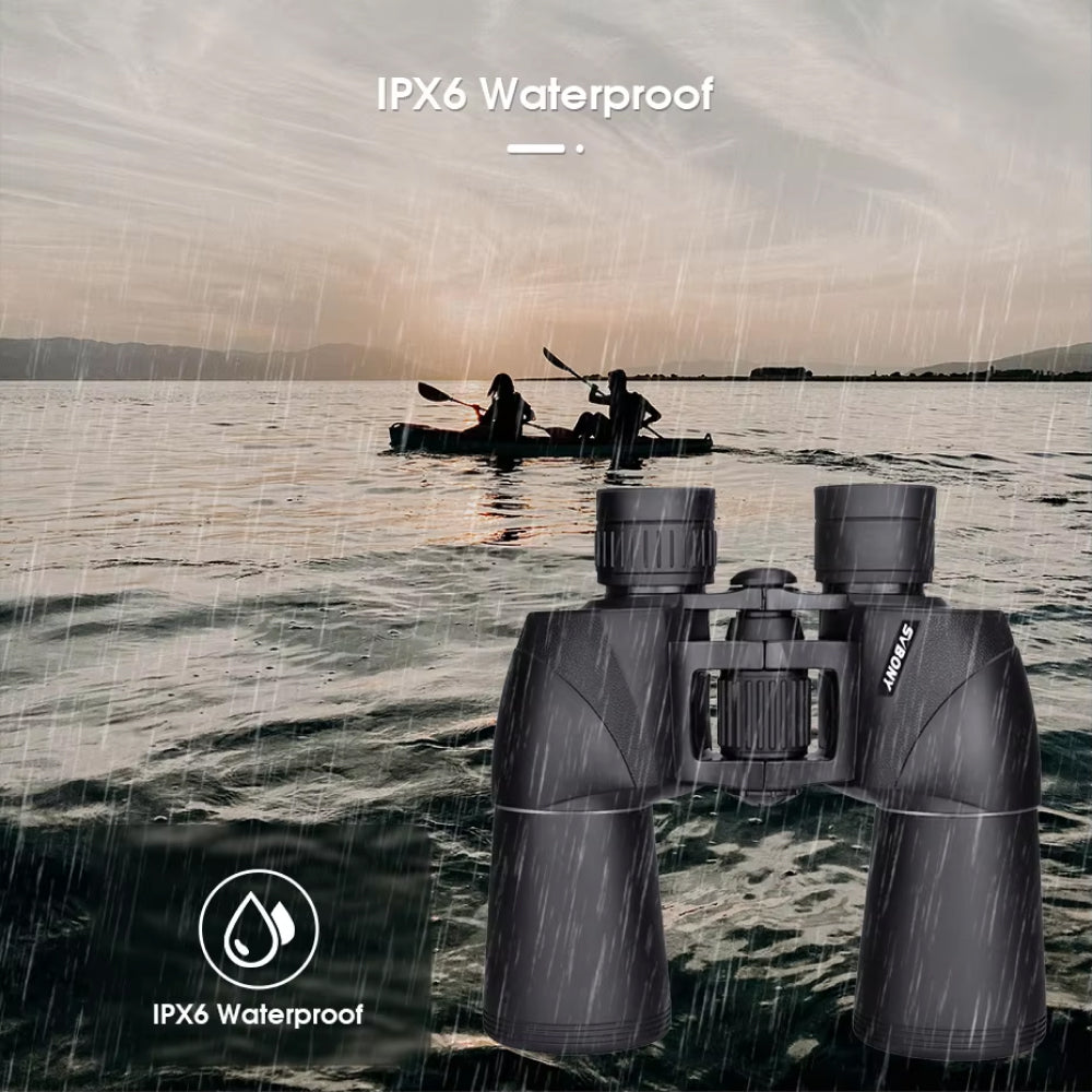 SafiSkop Night Vision Binoculars with IPX6 waterproof rating displayed over a scene of people in kayaks on water.
