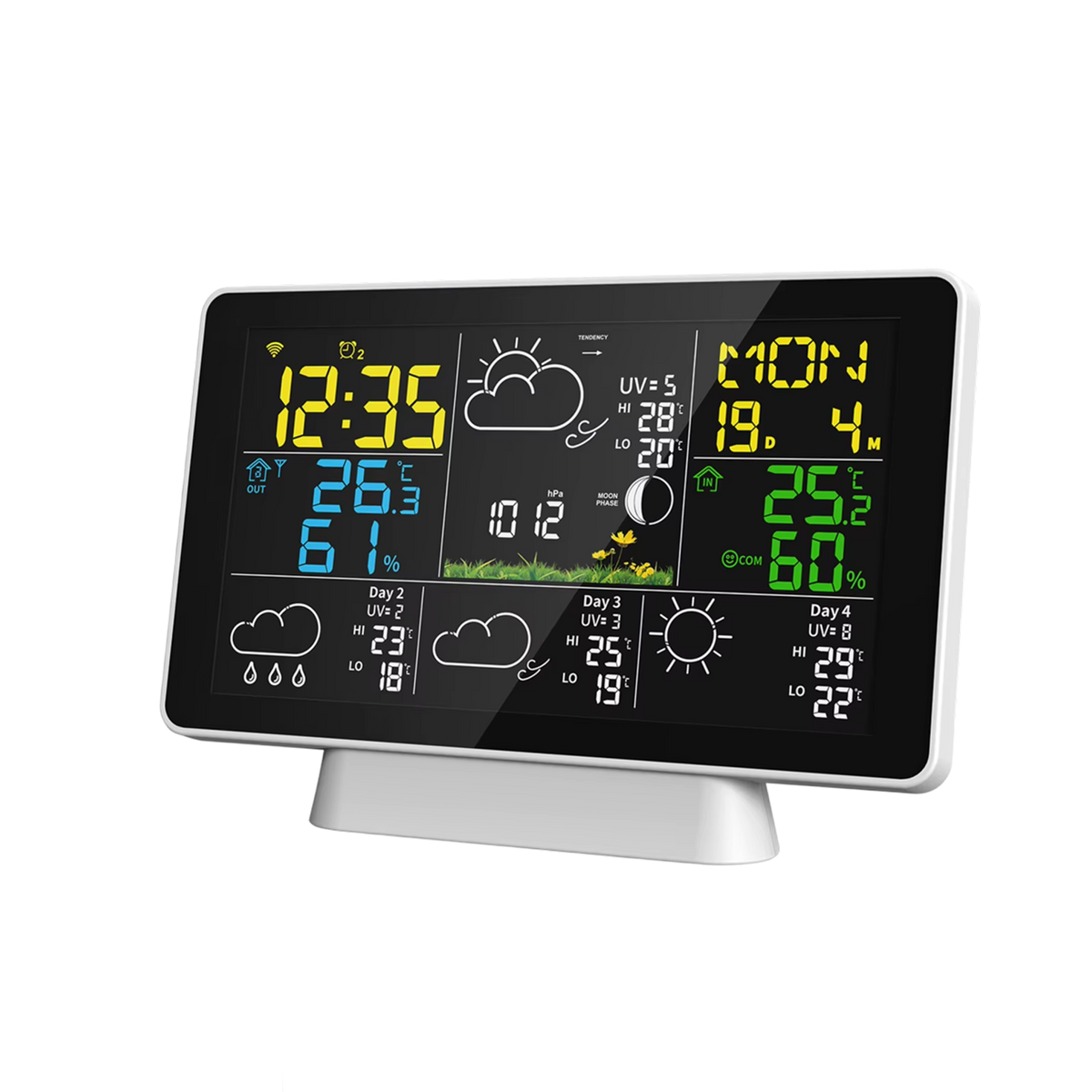 Skyrenux Outdoor Weather Station with clock and weather forecast on a white background
