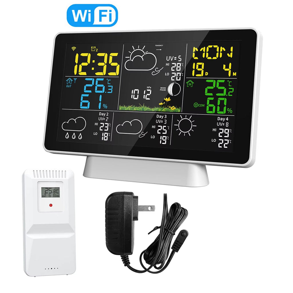 Skyrenux Outdoor Weather Station with large display, remote sensor, power adapter, and cable on a white background.