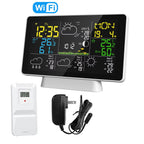 Skyrenux Outdoor Weather Station with large display, remote sensor, power adapter, and cable on a white background.