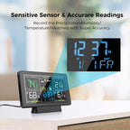 Skyrenux Outdoor Weather Station with clock and temperature/humidity display on a blurred background