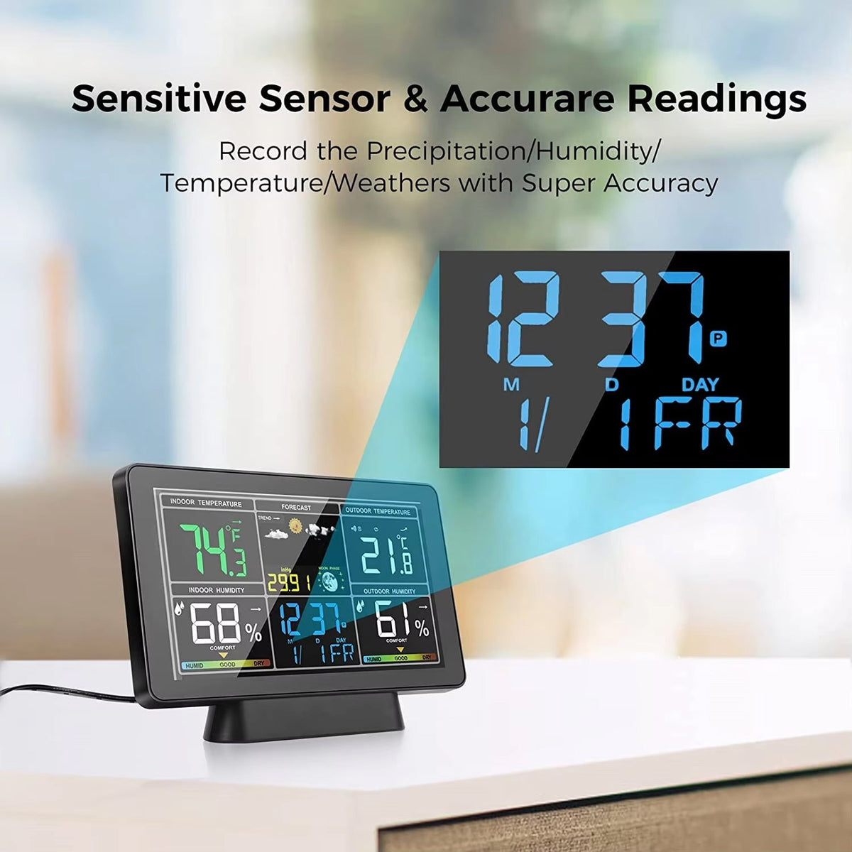 Skyrenux Outdoor Weather Station with clock and temperature/humidity display on a blurred background
