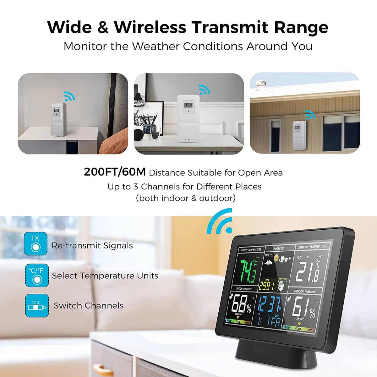 Skyrenux Outdoor Weather Station with digital display showing temperature and humidity, featuring wide wireless transmit range.
