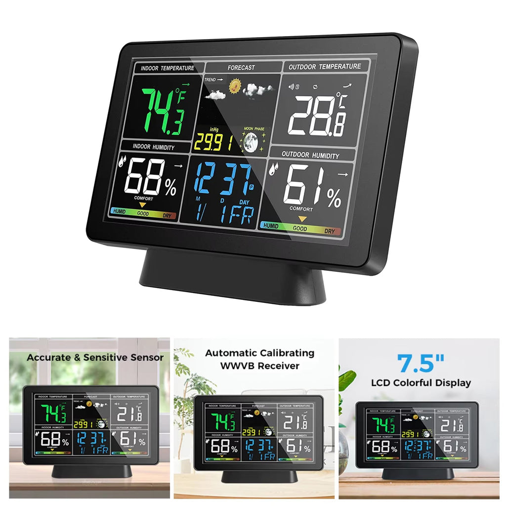 Skyrenux Outdoor Weather Station with large display showing temperature, humidity, and forecast.