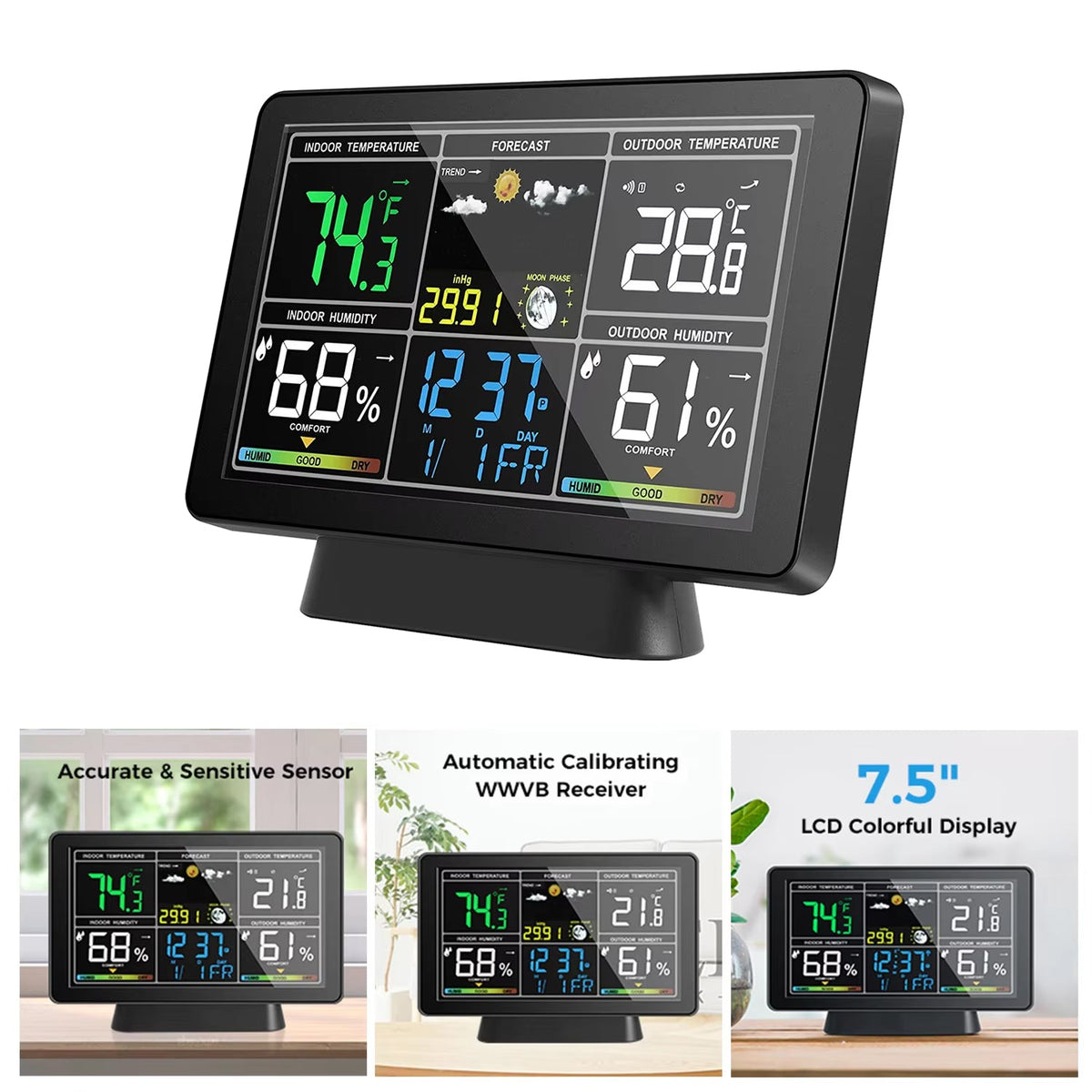 Skyrenux Outdoor Weather Station with large display showing temperature, humidity, and forecast.