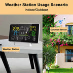 Skyrenux Outdoor Weather Station on a table with an outdoor sensor in a garden setting.