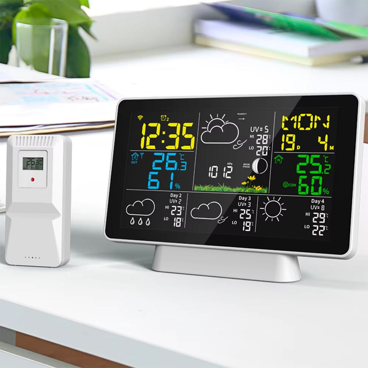 Skyrenux Outdoor Weather Station with digital clock  on a desk