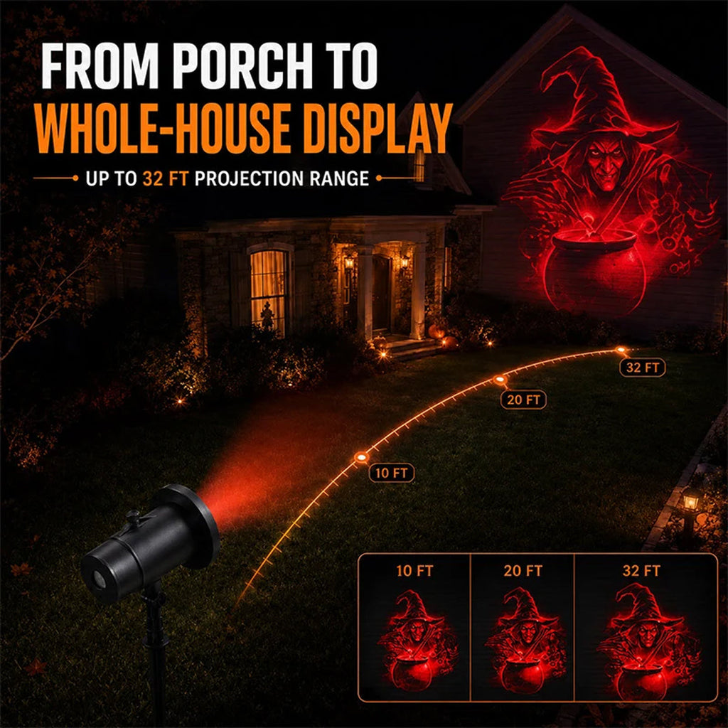 SpookoRay 3D Dynamic Halloween Light Projector shown at night projecting a red witch and cauldron image onto a house and lawn. The graphic includes text reading 'FROM PORCH TO WHOLE-HOUSE DISPLAY', projection range labels 10 FT, 20 FT, 32 FT, and inset examples of the projected design.