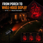 SpookoRay 3D Dynamic Halloween Light Projector shown at night projecting a red witch and cauldron image onto a house and lawn. The graphic includes text reading 'FROM PORCH TO WHOLE-HOUSE DISPLAY', projection range labels 10 FT, 20 FT, 32 FT, and inset examples of the projected design.