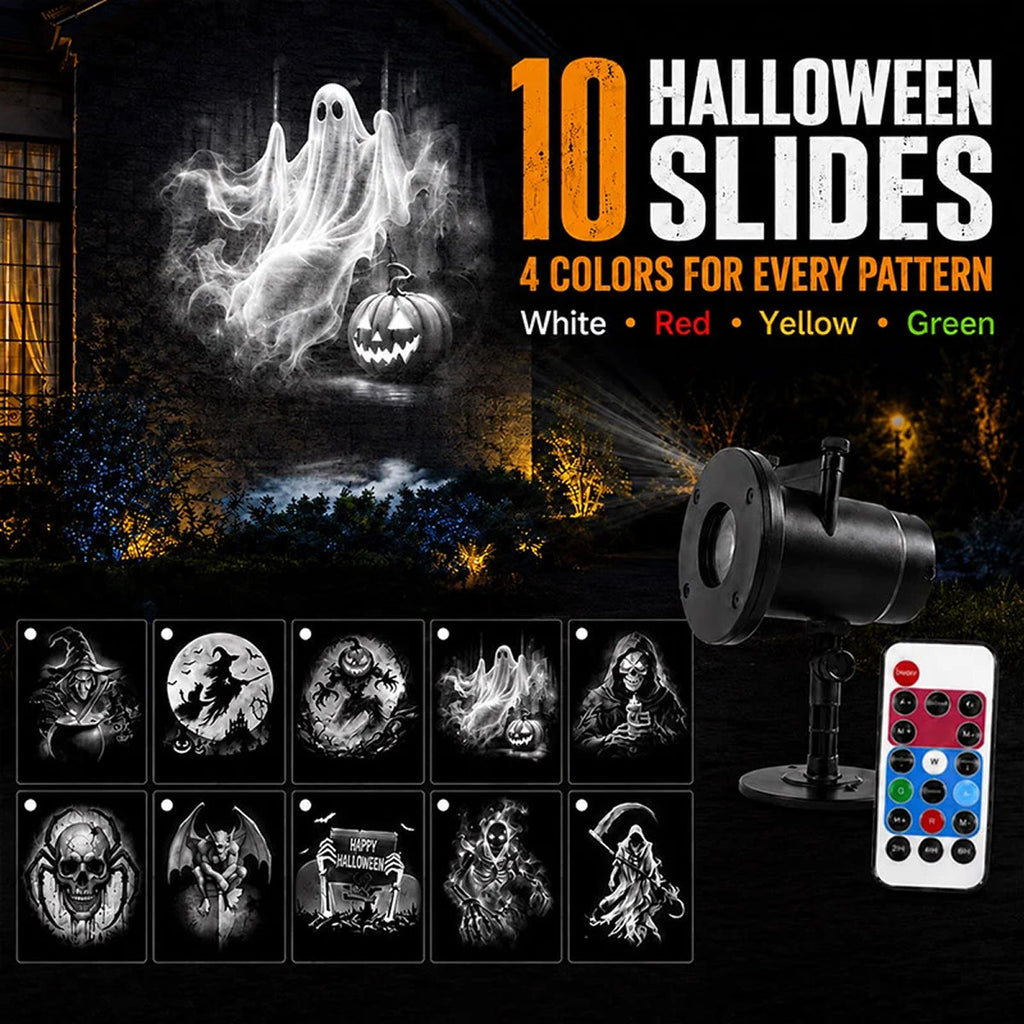 SpookoRay 3D Halloween Light Projector set shown with a black projector lamp, white remote control, and multiple sample slide designs displaying ghost, pumpkin, witch, and spooky scenes. Text reads '10 HALLOWEEN SLIDES' and '4 COLORS FOR EVERY PATTERN' with white, red, yellow, and green labels.