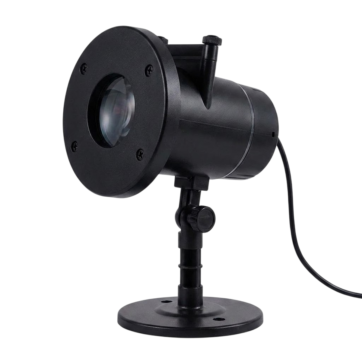 SpookoRay 3D Halloween Light Projector with a circular lens opening, mounted on a adjustable stand with a round base and a visible power cord, shown against a plain white background.