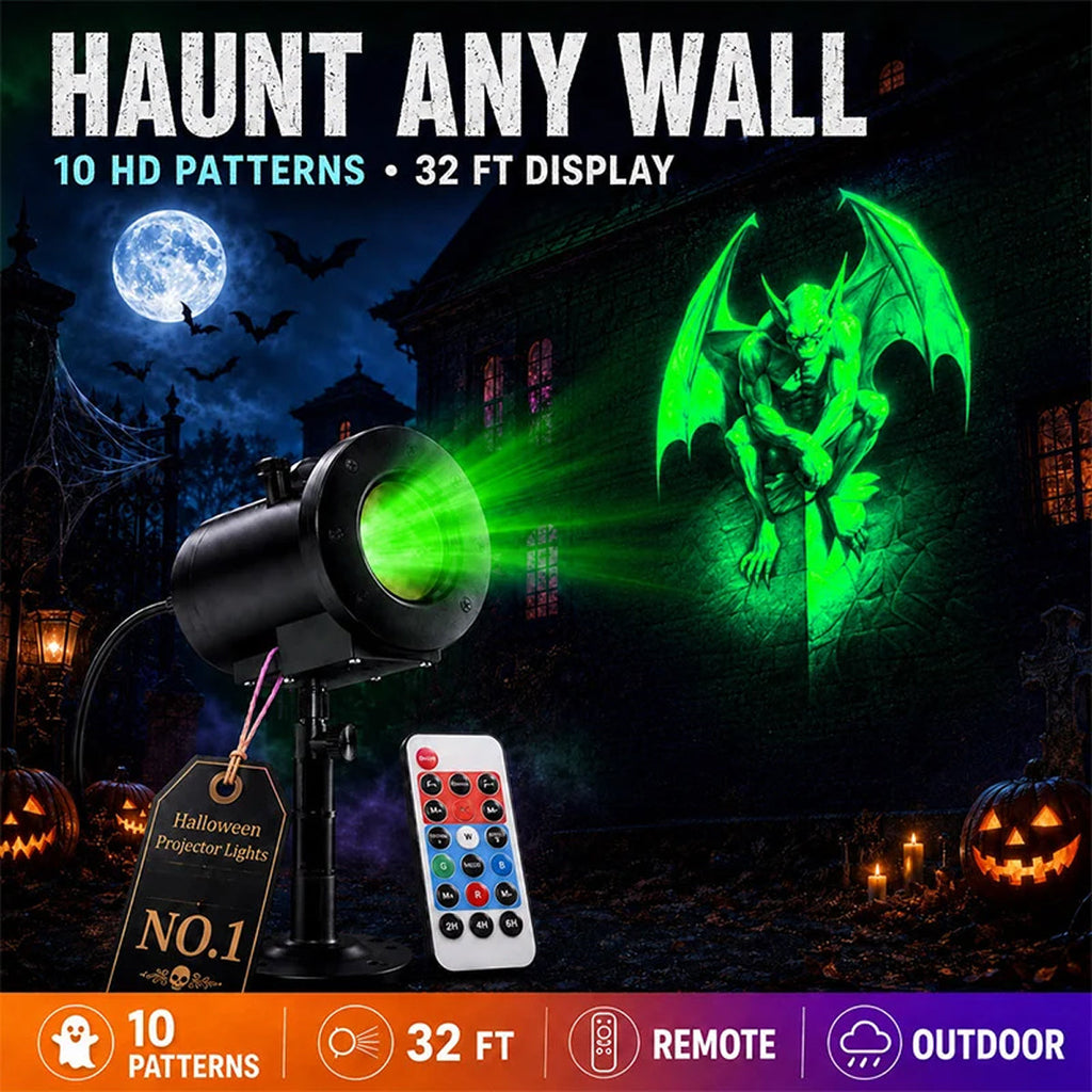 SpookoRay 3D Halloween Light Projector  shown in a dark spooky house scene with a green dragon projection on the wall, alongside the black projector, a white remote control, and marketing text reading 'HAUNT ANY WALL' and '10 HD PATTERNS • 32 FT DISPLAY'.