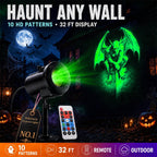 SpookoRay 3D Halloween Light Projector  shown in a dark spooky house scene with a green dragon projection on the wall, alongside the black projector, a white remote control, and marketing text reading 'HAUNT ANY WALL' and '10 HD PATTERNS • 32 FT DISPLAY'.
