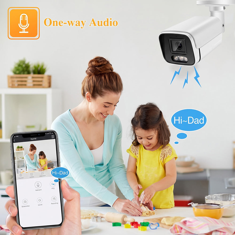A SpotKamyl Spotlight Camera shown in a home kitchen scene with a woman and child, plus a hand holding a smartphone app screen displaying a live feed. Text overlays read 'One-way Audio' and 'Hi-Dad' to explain the feature.