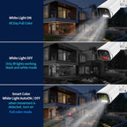 SpotKamyl Spotlight Camera  with white light ON, OFF, and auto detection modes in front of a house.