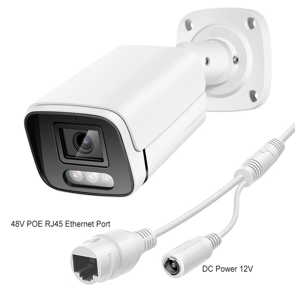 White SpotKamyl Spotlight Camera with power and Ethernet connections on a white background