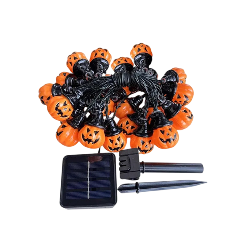 Solar-powered Sunpikoex Solar Pumpkin Lights featuring orange pumpkin-shaped bulbs with black jack-o'-lantern faces, connected by a black wire with a small solar panel and black ground stakes on a white background.