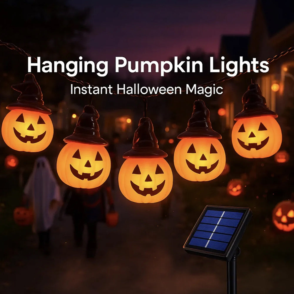 Hanging pSunpikoex Solar Pumpkin Lights  with glowing jack-o'-lantern faces and witch hats, shown outdoors at dusk with a small solar panel in the foreground and promotional text reading 'Hanging Pumpkin Lights' and 'Instant Halloween Magic.'.