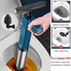 SwiftPluny High-Pressure Pneumatic Drain Plunger being used to unclog a toilet with before and after images shown.