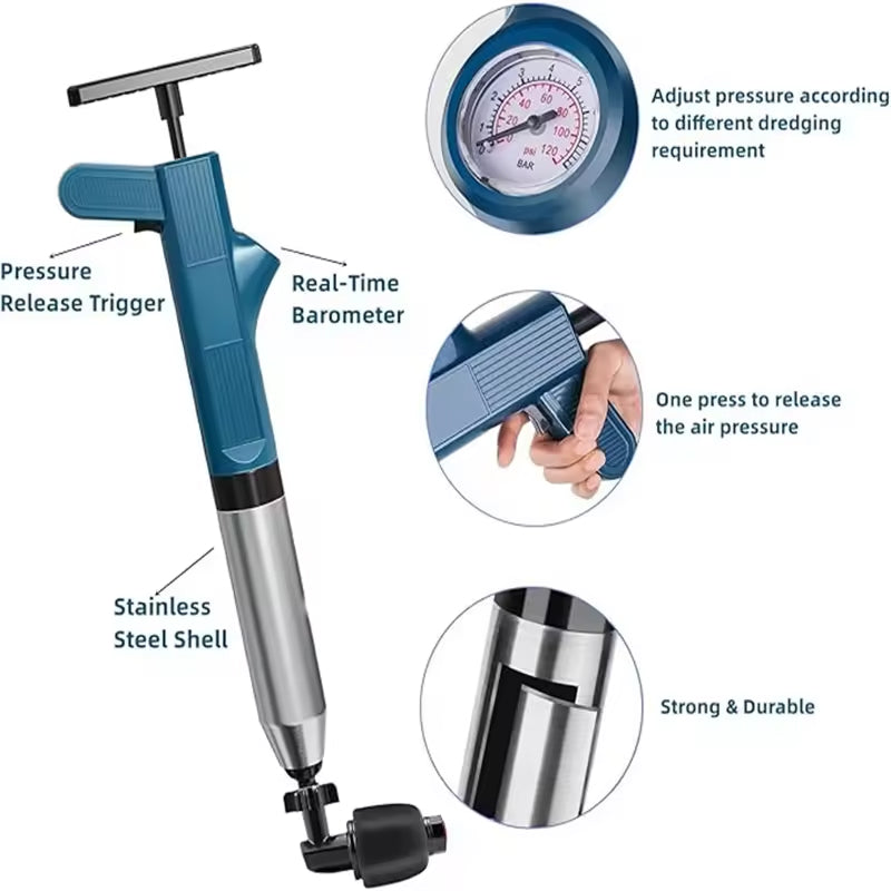 SwiftPluny High-Pressure Pneumatic Drain Plunger  with pressure release trigger and barometer on a white background