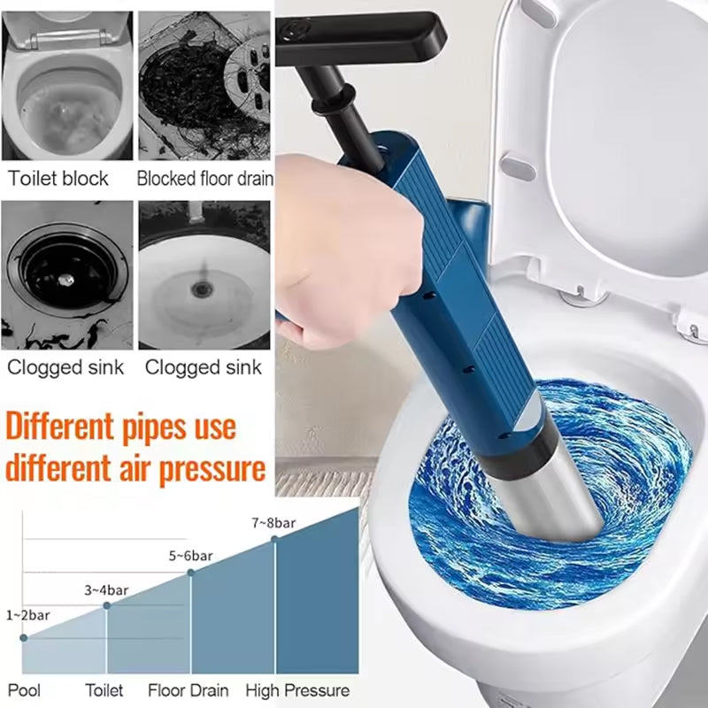 SwiftPluny High-Pressure Pneumatic Drain Plunger being used to clear a clogged toilet with images of other clogged areas and pressure gauge.