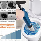 SwiftPluny High-Pressure Pneumatic Drain Plunger being used to clear a clogged toilet with images of other clogged areas and pressure gauge.