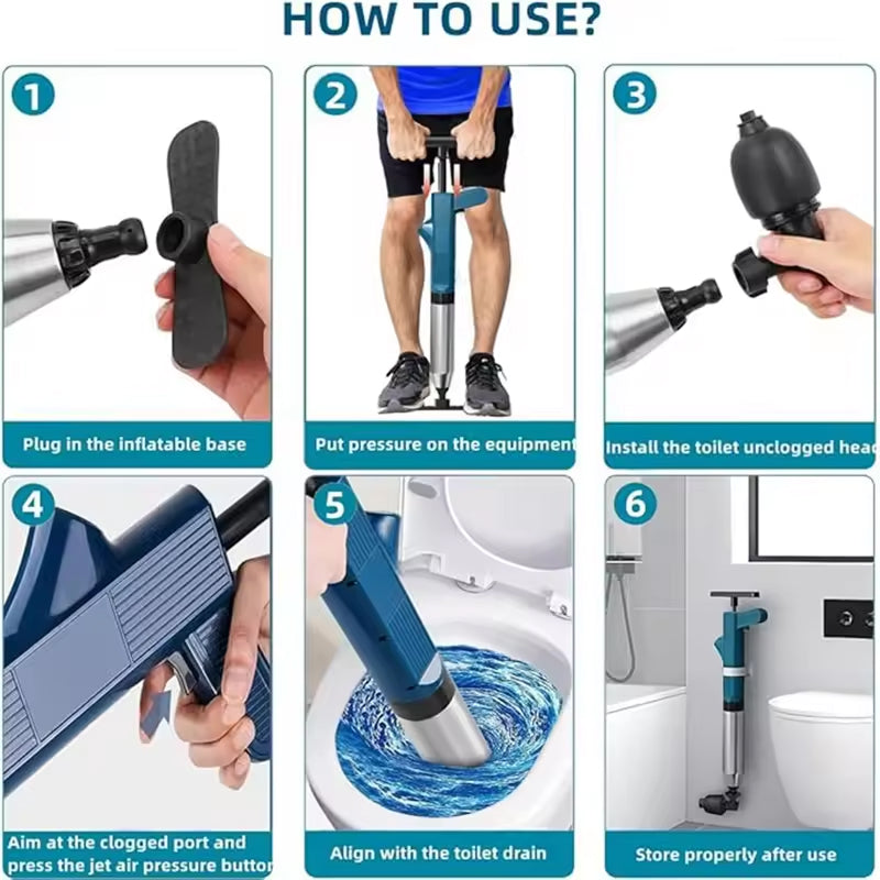 Step-by-step guide on how to use a SwiftPluny High-Pressure Pneumatic Drain Plunger with images and text.