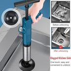 SwiftPluny High-Pressure Pneumatic Drain Plunger being used to unclog a kitchen sink with before and after images shown.