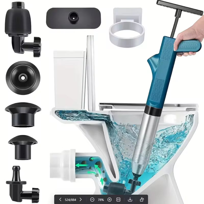 SwiftPluny High-Pressure Pneumatic Drain Plunger with various parts and a close-up of water flow.