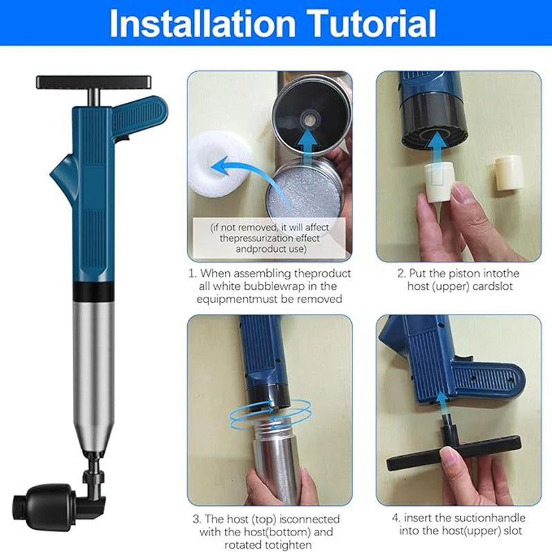 Installation tutorial for a SwiftPluny High-Pressure Pneumatic Drain Plunger with step-by-step instructions.
