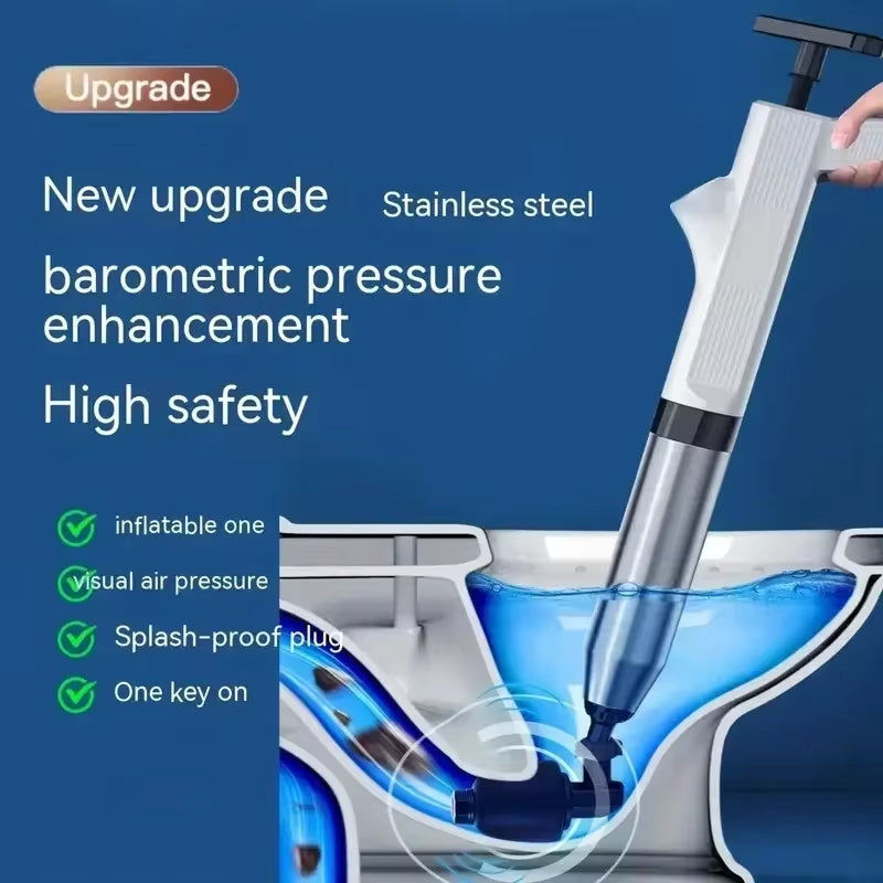 SwiftPluny High-Pressure Pneumatic Drain Plunger with features listed on a blue background