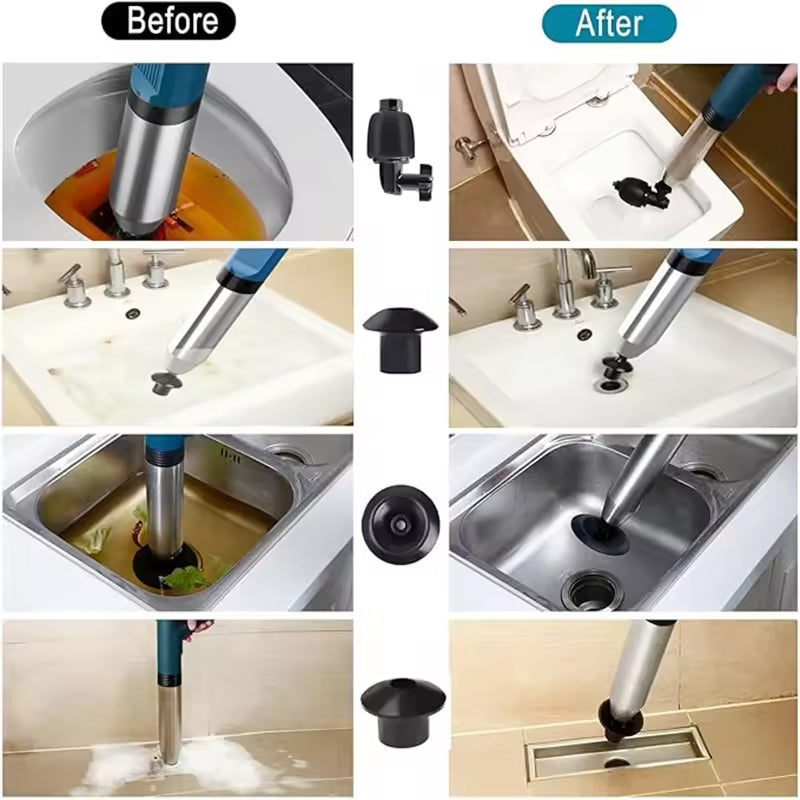Before and after comparison of a SwiftPluny High-Pressure Pneumatic Drain Plunger used on various sinks and drains.