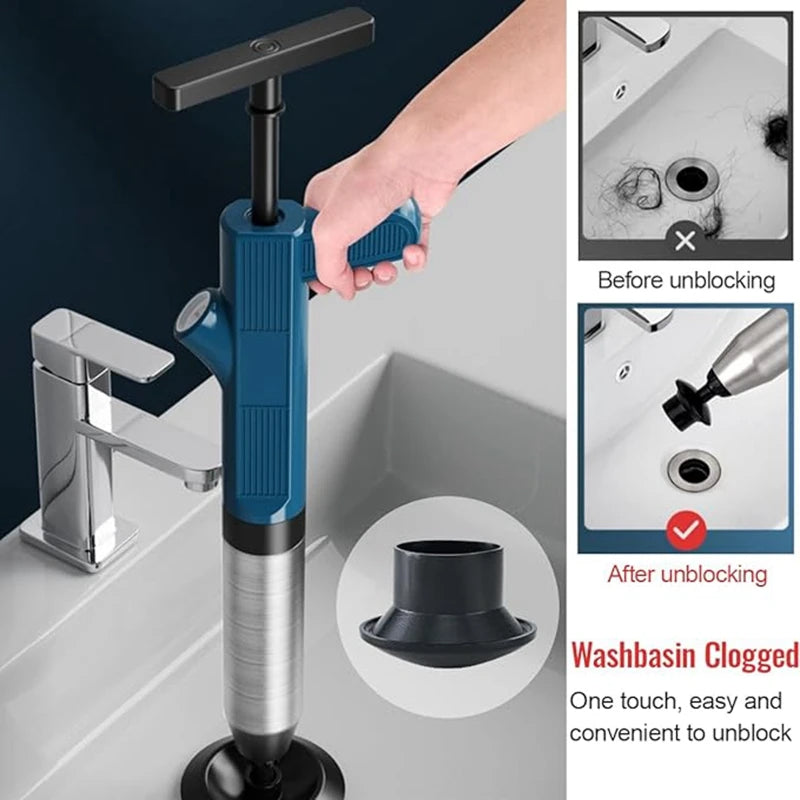 SwiftPluny High-Pressure Pneumatic Drain Plunger used to unclog a sink with before and after images shown.