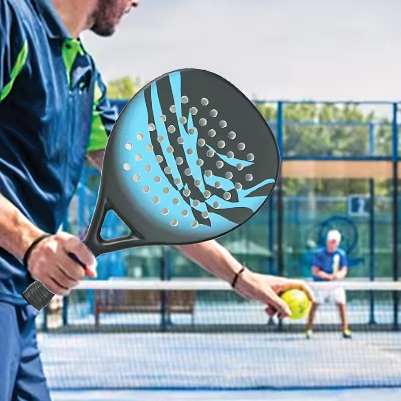 Person holding a blue and black Tennisixo Padel Racket on a tennis court