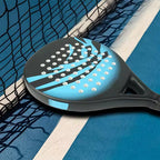 Tennisixo Padel Racket on a blue court with a net in the background