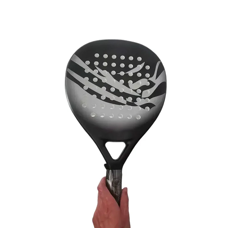 Black and gray Tennisixo Padel Racket held by a hand on a white background