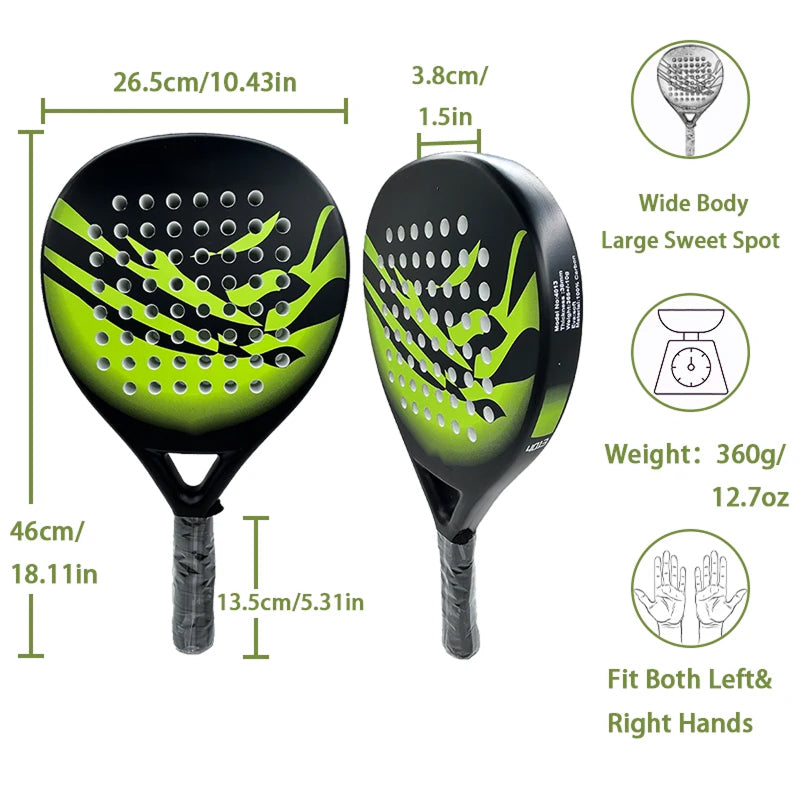 Tennisixo Padel Racket  with green and black design, showing measurements and features on a white background