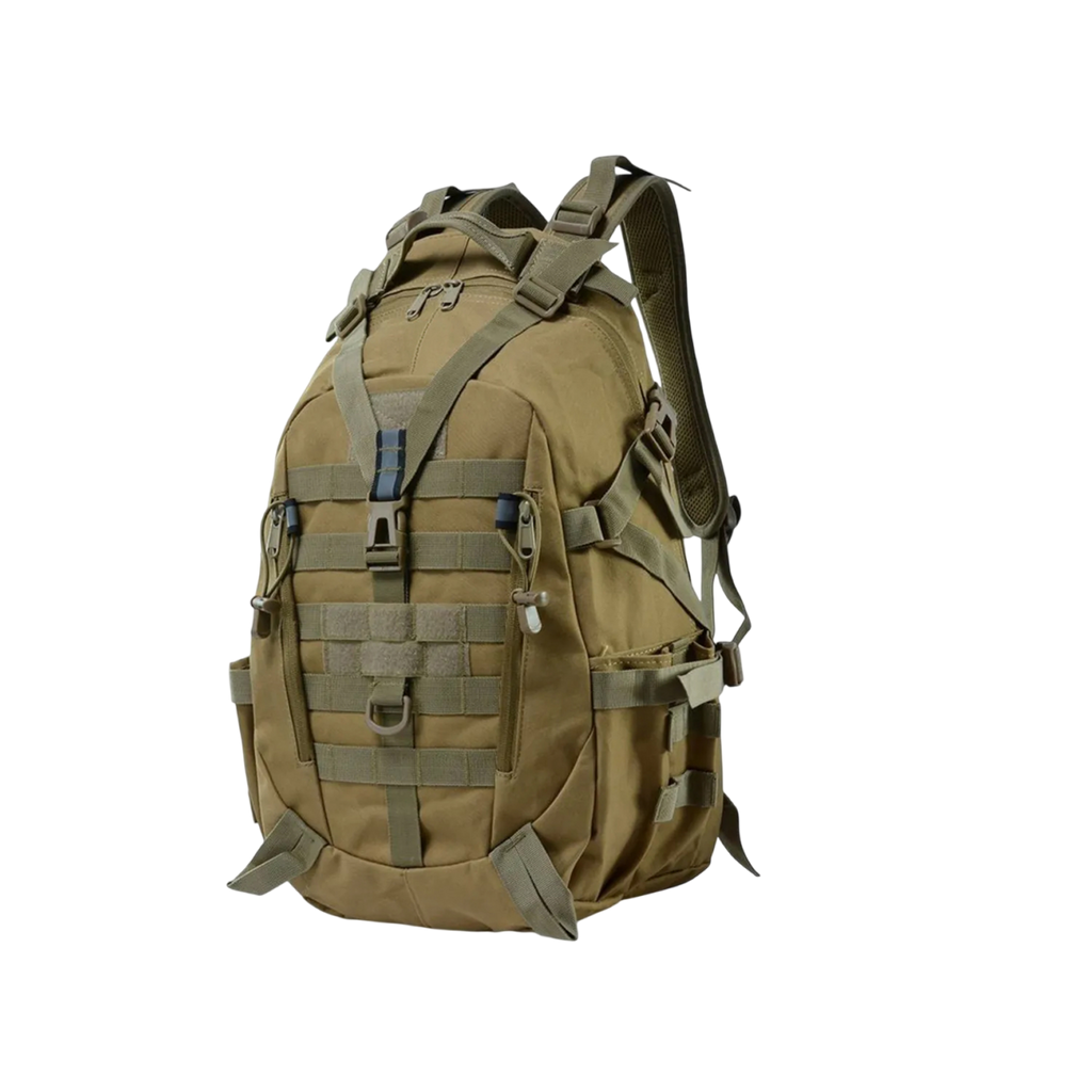 A The Trekorago Hunting Backpack in olive drab green with multiple straps, buckles, and utility loops, shown from a three-quarters angle on a plain white background.