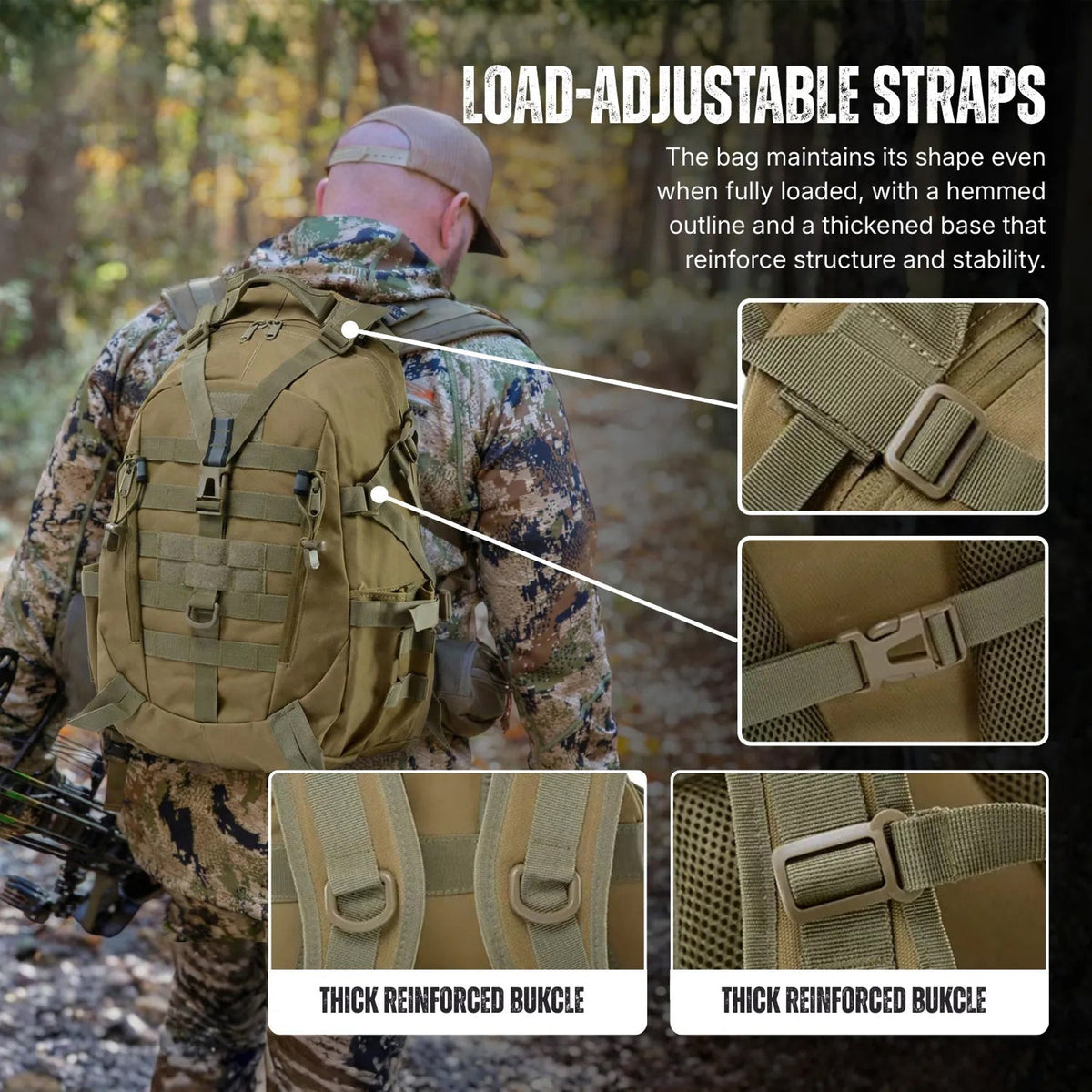 A man in camouflage clothing wearing a  The Trekorago Hunting Backpack  on a forest path, with text and inset close-ups explaining adjustable straps and reinforced buckles.