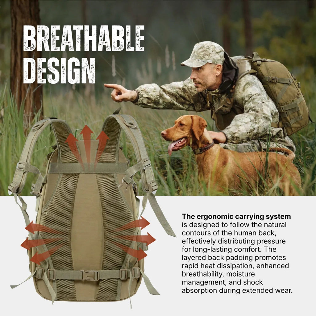 A t The Trekorago Hunting Backpack shown with marketing text and a lifestyle photo of a man and dog in a forest. The backpack features red arrows indicating breathable airflow, and the text highlights ergonomic carrying and breathable design.