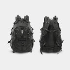 A black tThe Trekorago Hunting Backpack shown from both the front and back views against a light gray background.