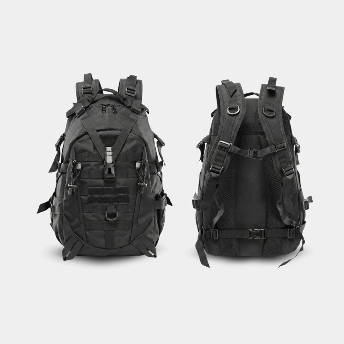 A black tThe Trekorago Hunting Backpack shown from both the front and back views against a light gray background.