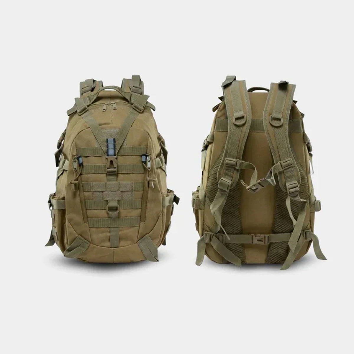 Two views The Trekorago Hunting Backpack in olive drab/khaki green, showing both the front and back details against a light gray background.